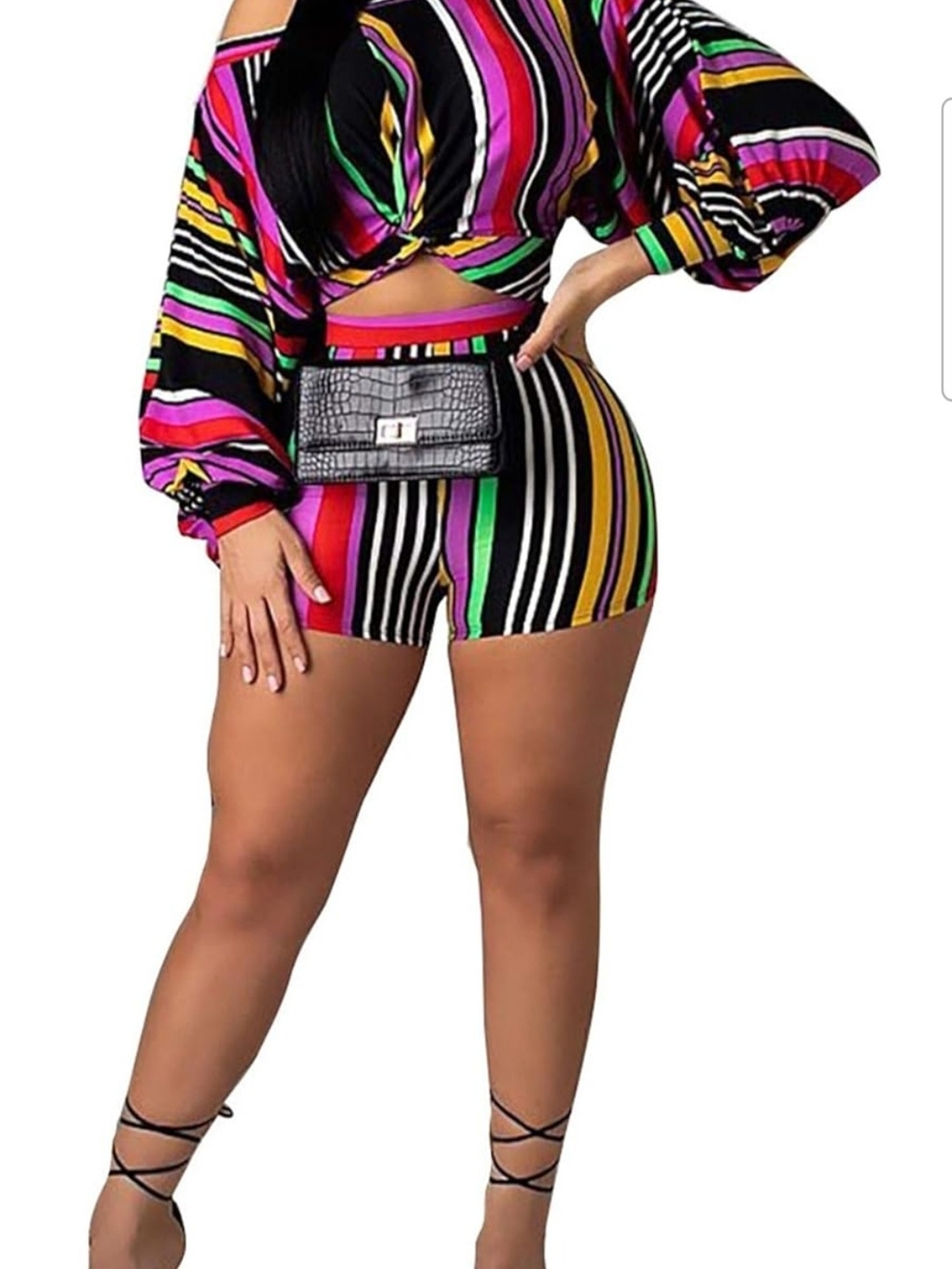 SHEIN Black Multi-Color Striped Twist-Front Women’s Shorts Set